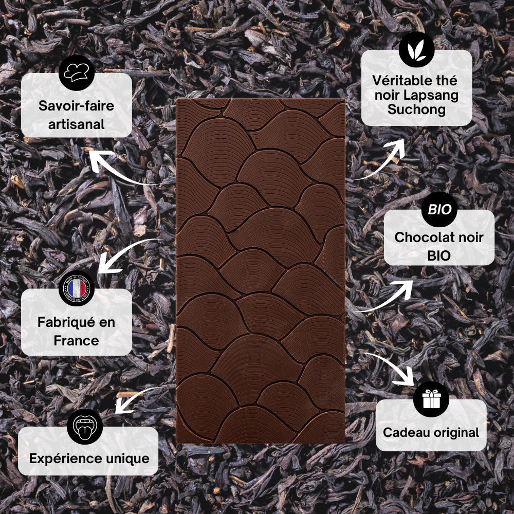 chocolat au thé, thé lapsang souchong, thé asie, chocolat 75%, chocolat infusion