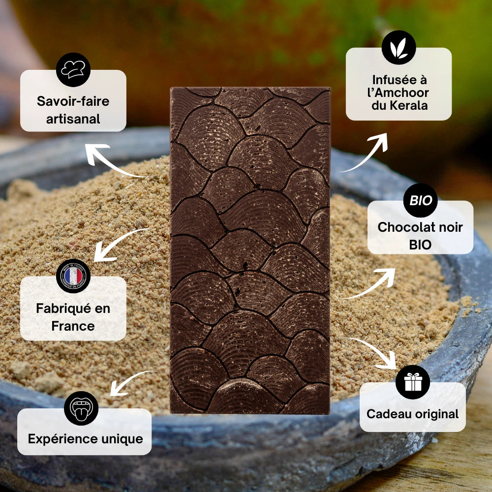 Chocolat noir 70%, amchoor du Kerala, chocolat inde, épices, chocolat épices, chocolat aphrodisiaque, chocolat à offrir, astral chocolat