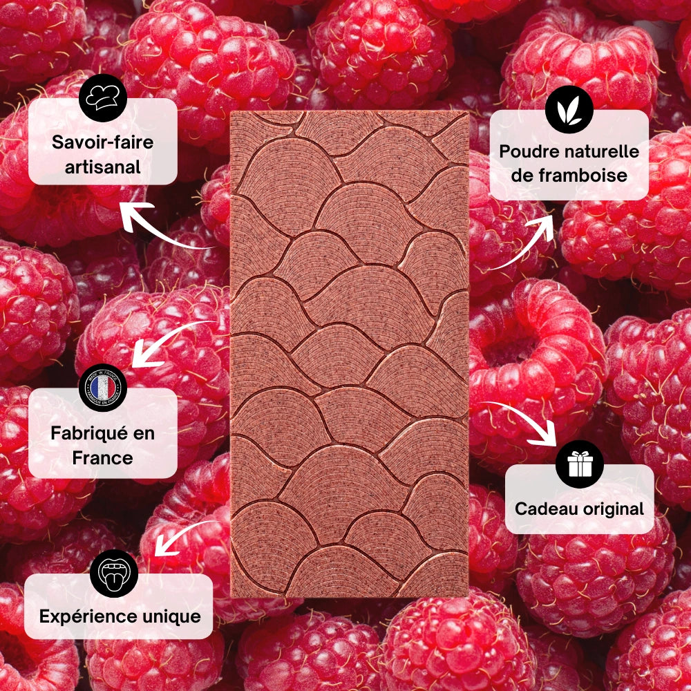 Tablette chocolat blanc, tablette rose poudrée, poudre de framboise naturelle, chocolat fruité et acidulé, création esthétique et originale, cadeau gourmand, chocolat rose éclatant.