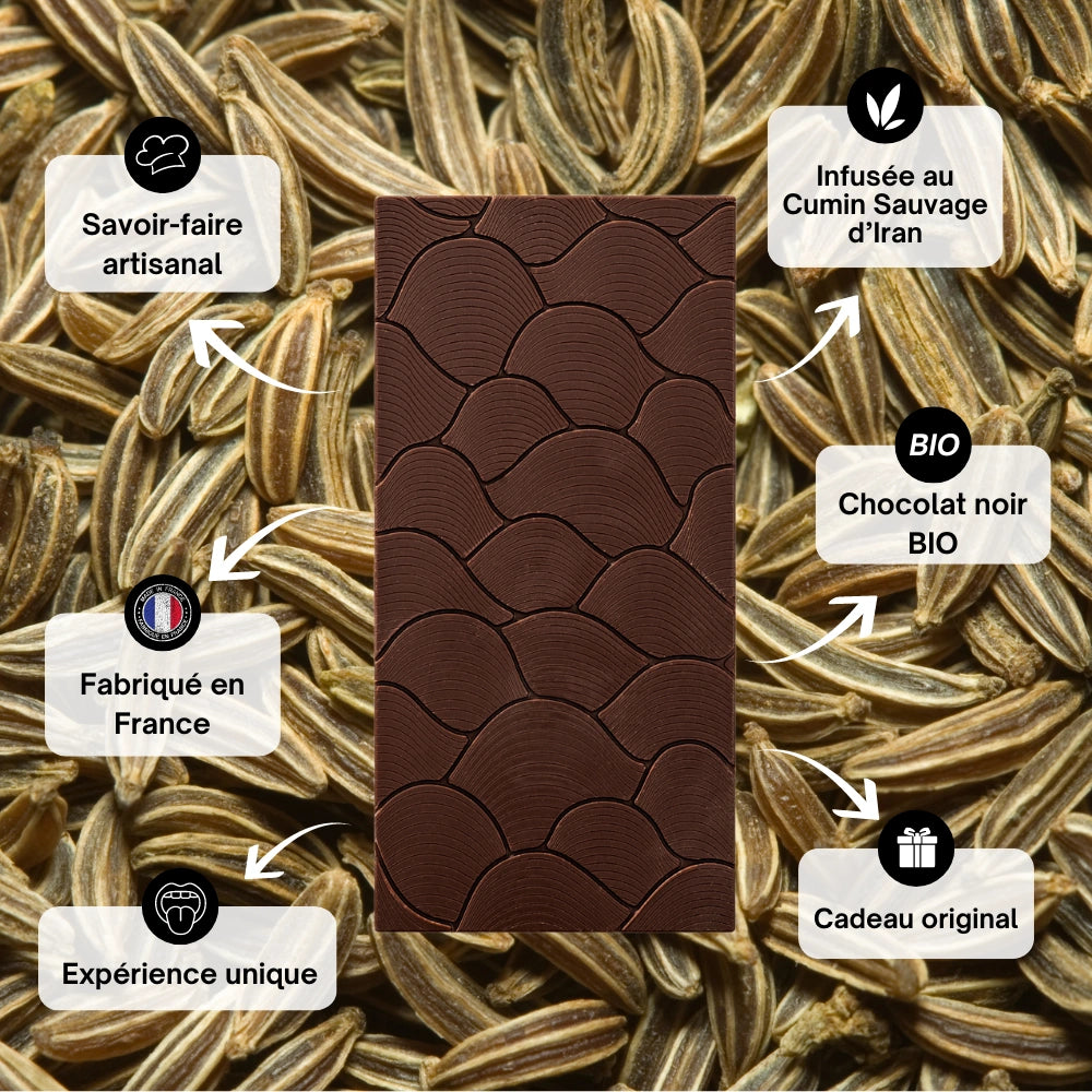 Chocolat noir 70%, cumin sauvage, épices, chocolat épices, chocolat aphrodisiaque, chocolat à offrir, astral chocolat