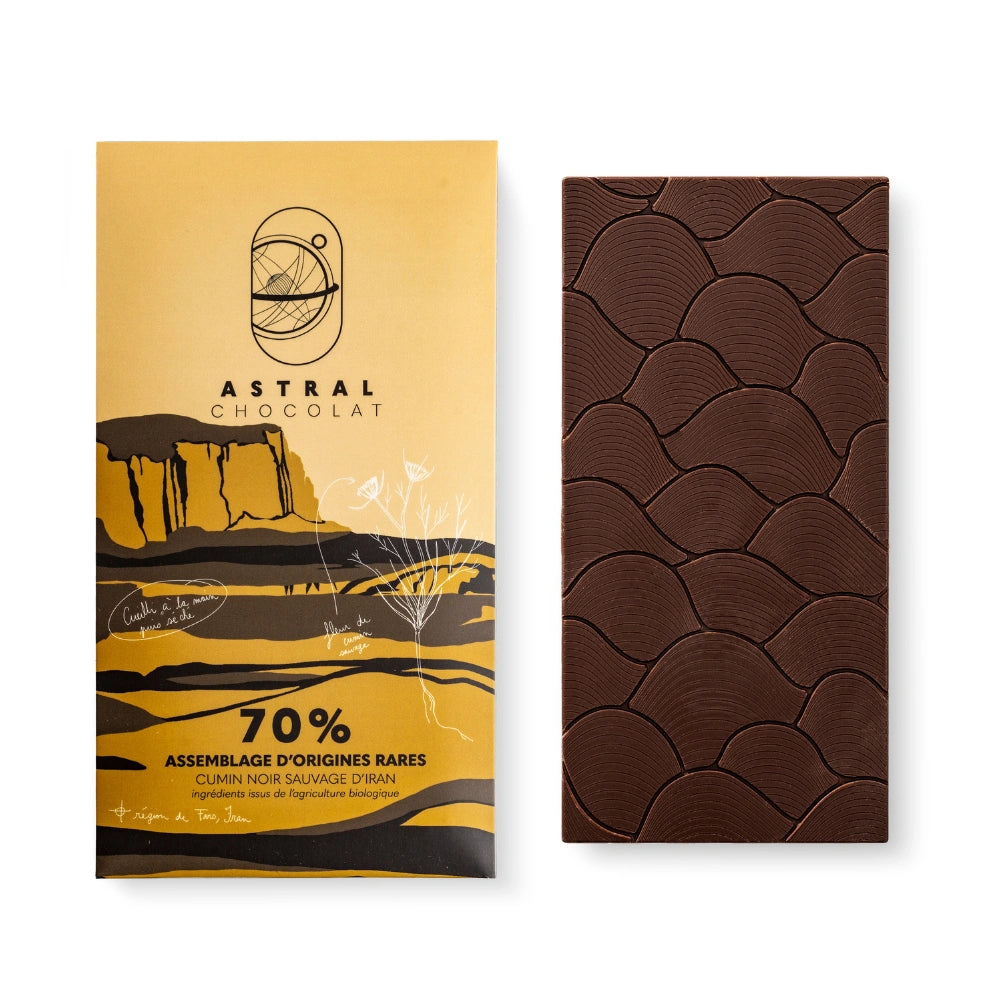 Chocolat noir 70%, cumin sauvage, épices, chocolat épices, chocolat aphrodisiaque, chocolat à offrir, astral chocolat