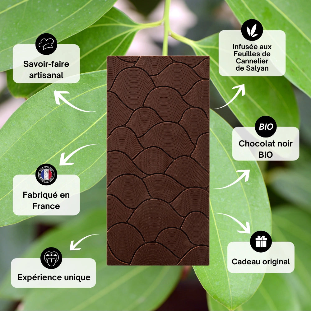 Chocolat noir 70%, feuille de cannelier, épices, chocolat épices, chocolat aphrodisiaque, chocolat à offrir, astral chocolat
