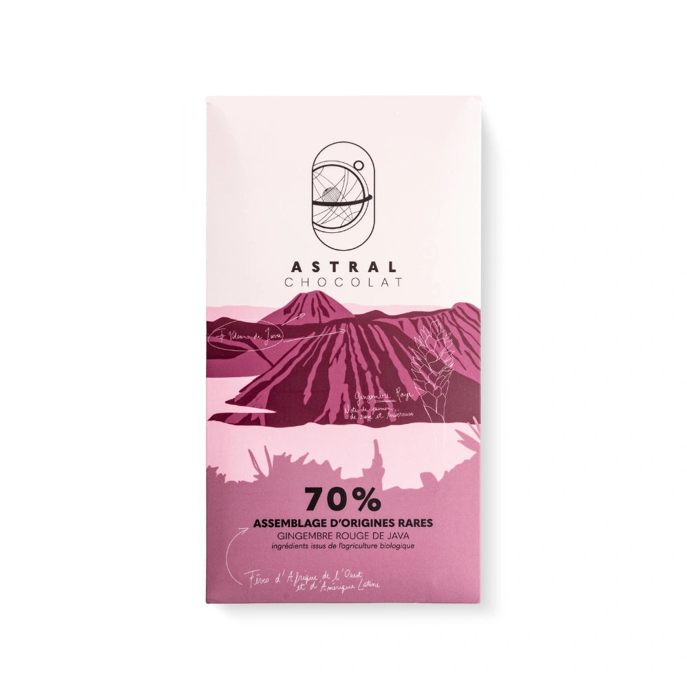 Chocolat noir 70%, gingembre rouge de java, épices, chocolat épices, chocolat aphrodisiaque, chocolat à offrir, astral chocolat