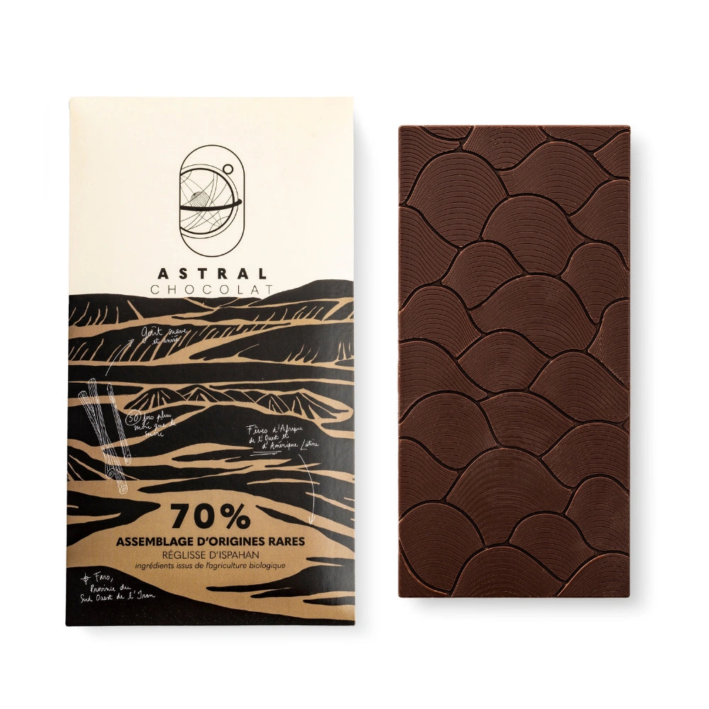 Chocolat noir 70%, réglisse d'ispahan, épices, chocolat épices, chocolat aphrodisiaque, chocolat à offrir, astral chocolat