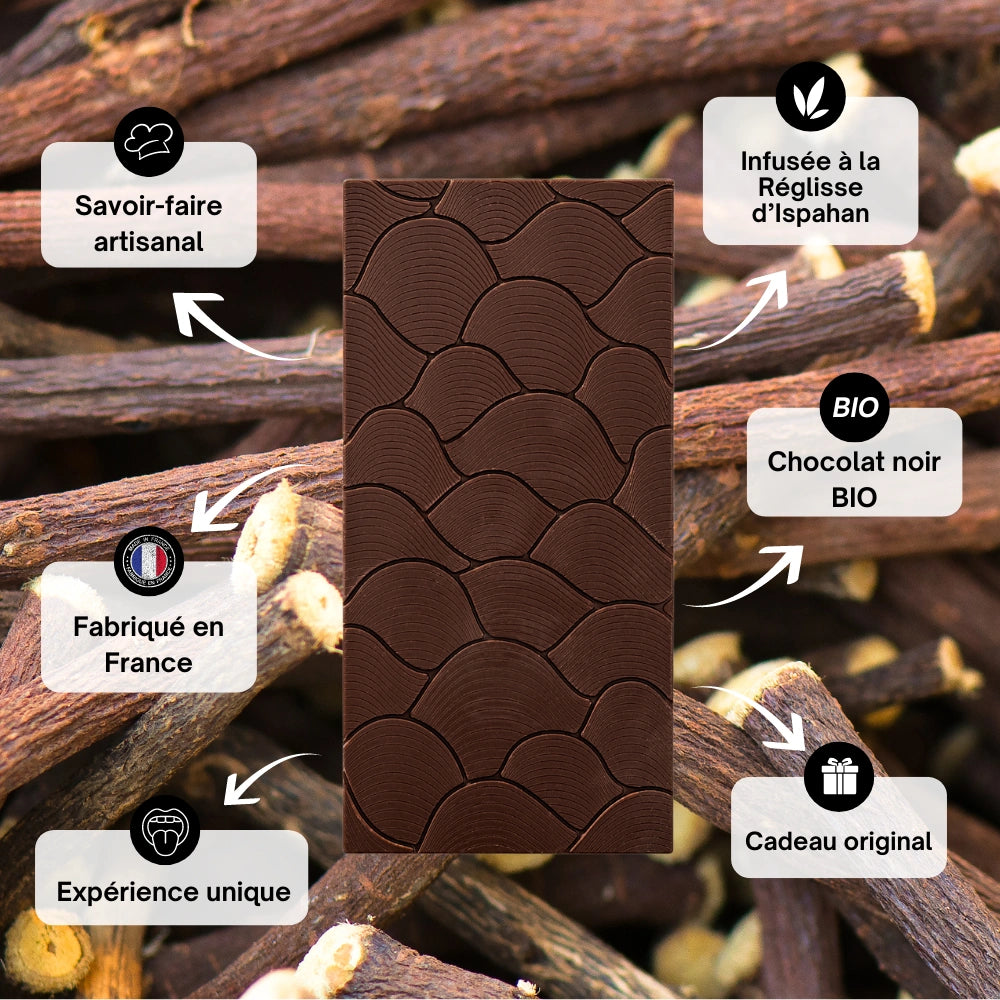 Chocolat noir 70%, réglisse d'ispahan, épices, chocolat épices, chocolat aphrodisiaque, chocolat à offrir, astral chocolat