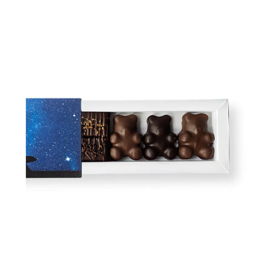 Coffret de 3 oursons guimauve vanille et Barre gourmande Praliné Amande Noisette Enrobés de chocolat noir et lait